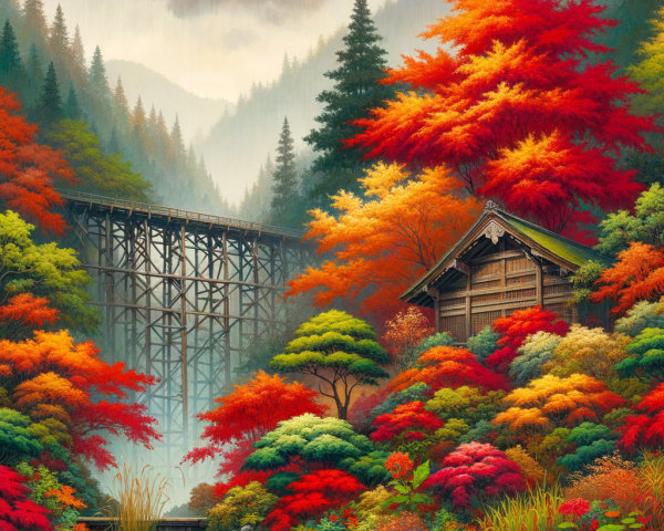 Autumn Landscape with Vibrant Foliage and Cabin