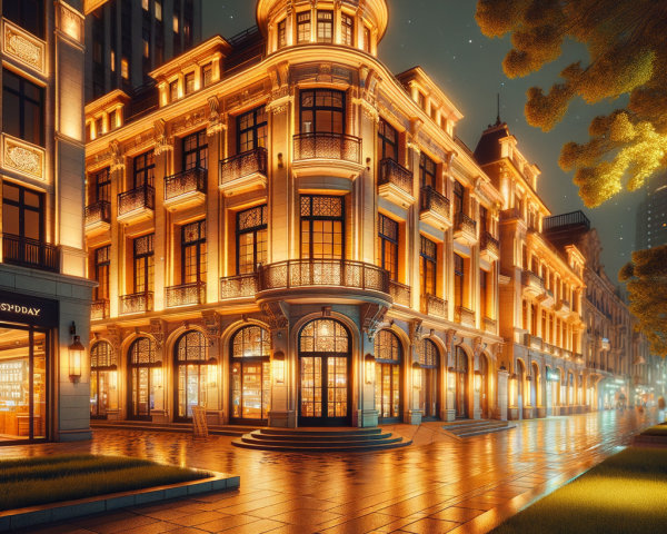 Architectural Marvel Illuminated at Night with Details