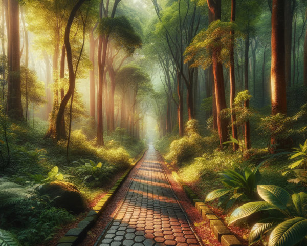 Serene Forest Pathway with Lush Trees and Ferns