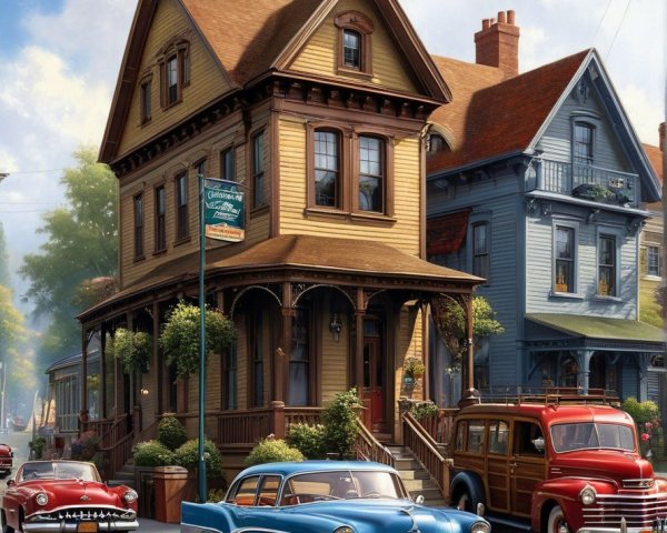 Vintage Cars and Colorful Houses in Charming Street Scene