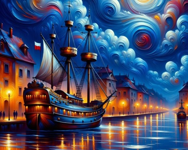 Vibrant Night Scene with Majestic Ship and Waterfront