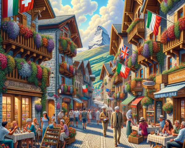 Charming Mountain Village with Flower Boxes and Cafes