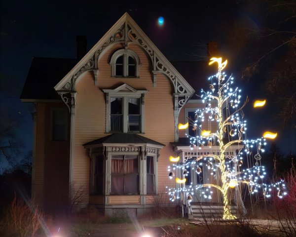 Victorian-style light orange house with decorative features