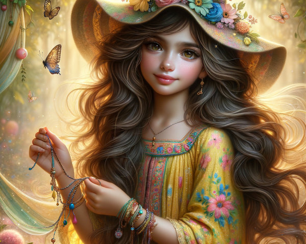 Young girl in floral dress in enchanted setting