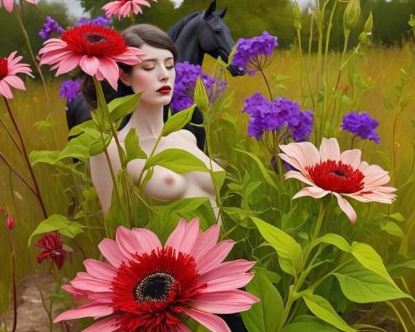 Lush Meadow with Vibrant Flowers and Black Horse