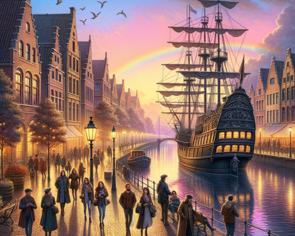 Waterfront Scene at Dusk with Charming Architecture