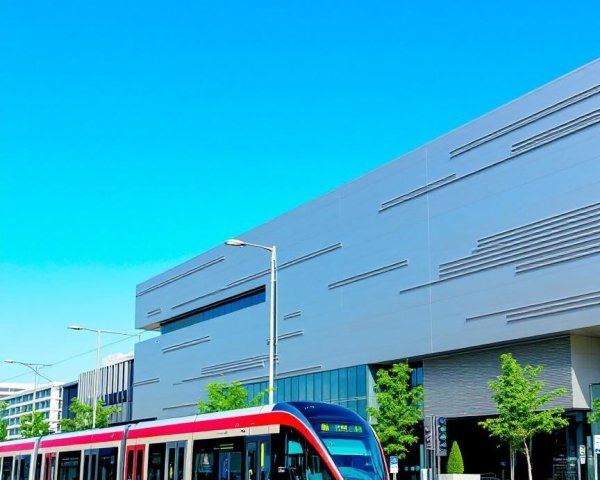 Modern Tram on a Vibrant City Street with Trees