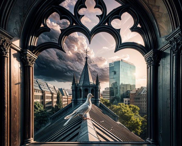 Gothic Window View of Pigeon and City Architecture