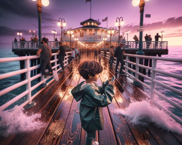 Child on Pier at Sunset with Vibrant Atmosphere