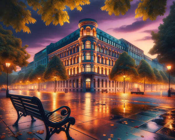 Picturesque Dusk Street Scene with Historic Building