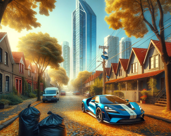 Blue Sports Car on Autumn Street with Skyscrapers