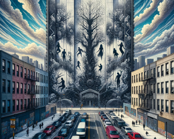 Urban Mural of Intricate Tree and Surreal Designs