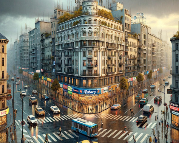 Rainy Urban Scene at Dusk with Busy City Streets