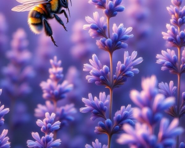 Bee Above Delicate Purple Flowers in Soft Sunlight