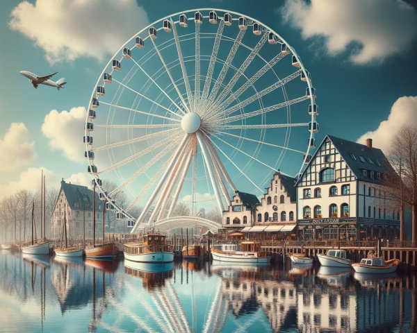 Picturesque harbor with Ferris wheel and boats