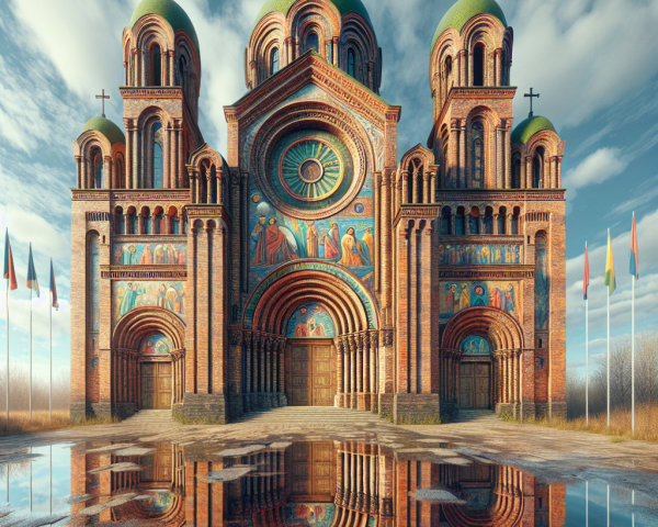 Intricately Designed Church Facade with Domes and Murals