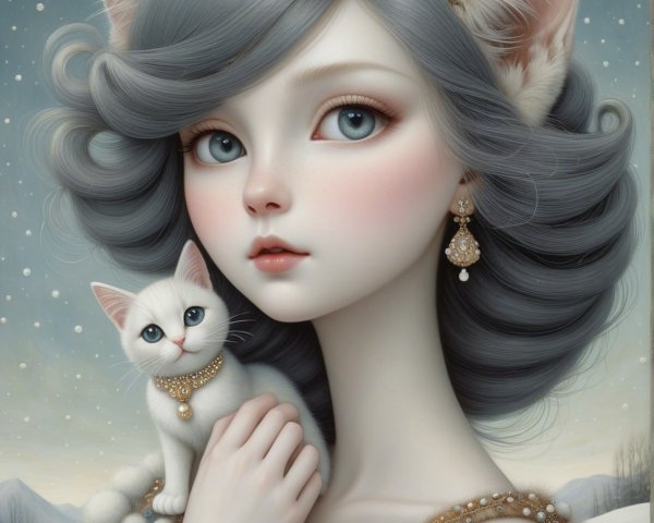 Digital Painting of Anime Cat Girl in Winter Scene