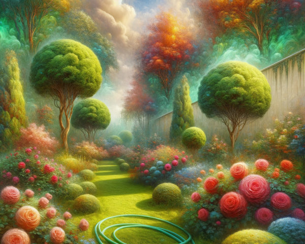 Lush Garden Scene with Colorful Flowers and Trees