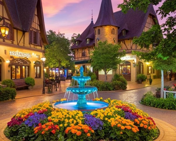 Charming Village Scene with Colorful Flower Bed and Fountain