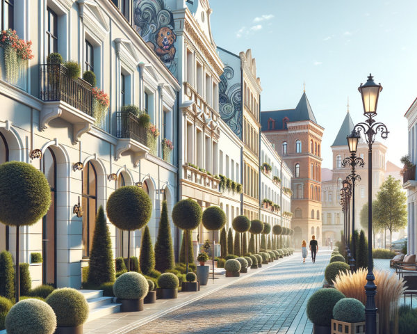 Sunlit street with elegant buildings and lush topiary