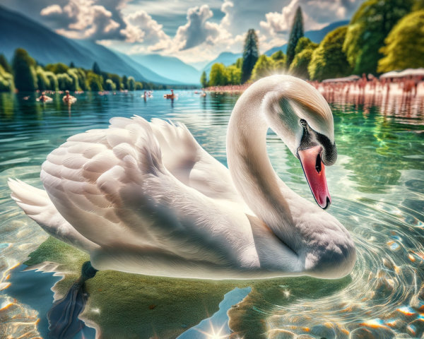 Swan Gliding on a Turquoise Lake with Mountains