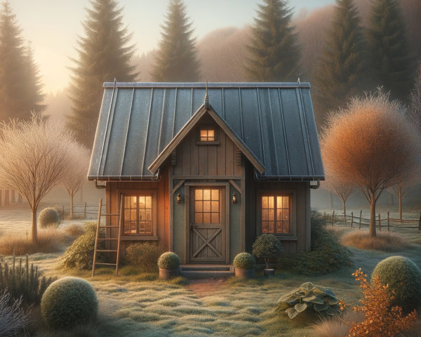 Wooden cabin in serene landscape with greenery and fog