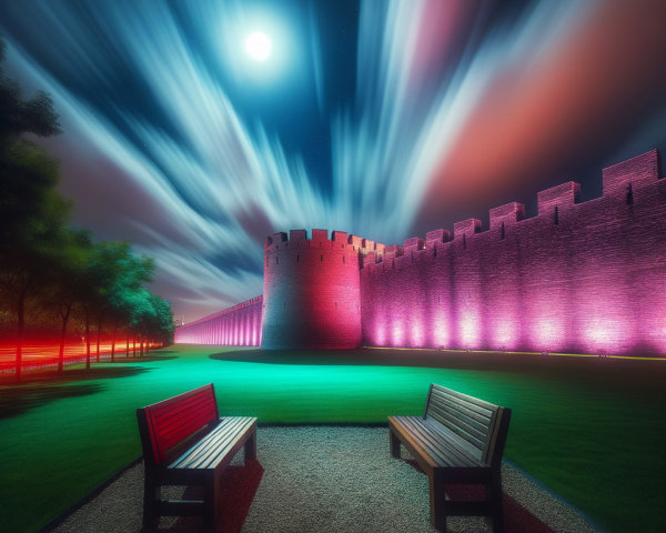 Nighttime Scene of Benches and Illuminated Castle