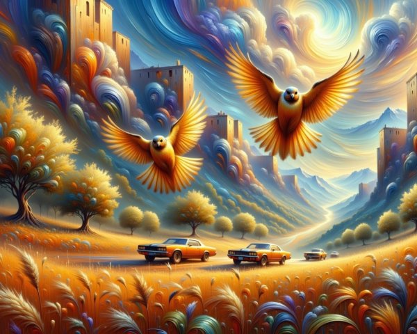 Vibrant landscape with hills, birds, and whimsical structures