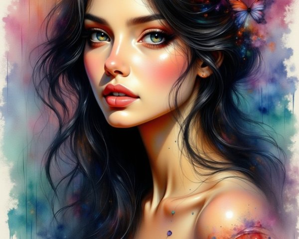 Portrait of a Young Woman with Butterflies and Flowers