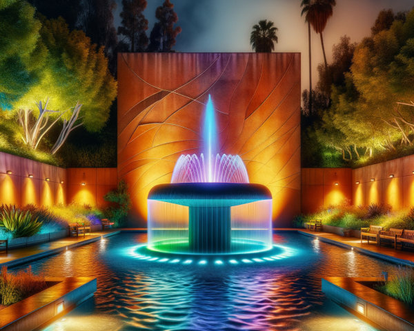 Illuminated Fountain in Serene Courtyard Setting