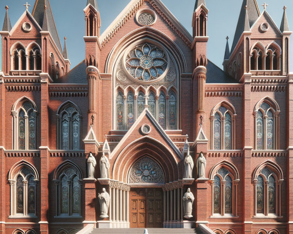 Gothic-style church with red brick and stained glass