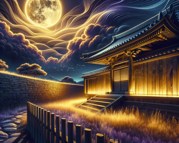Traditional Asian Temple Under Full Moon Glow