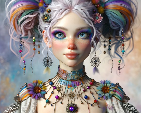Whimsical Character with Vibrant Pastel Hair and Makeup