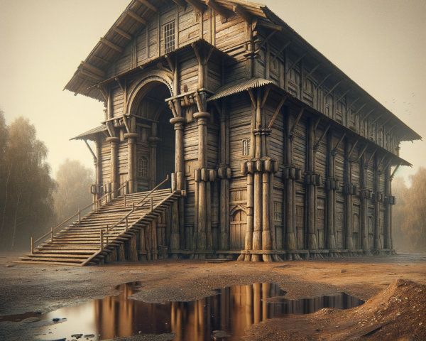 Grand Wooden Structure in Misty Landscape Setting