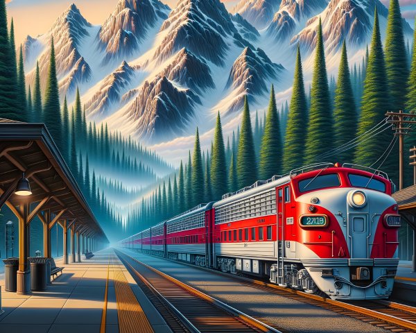 Vintage red train at rustic station with mountains