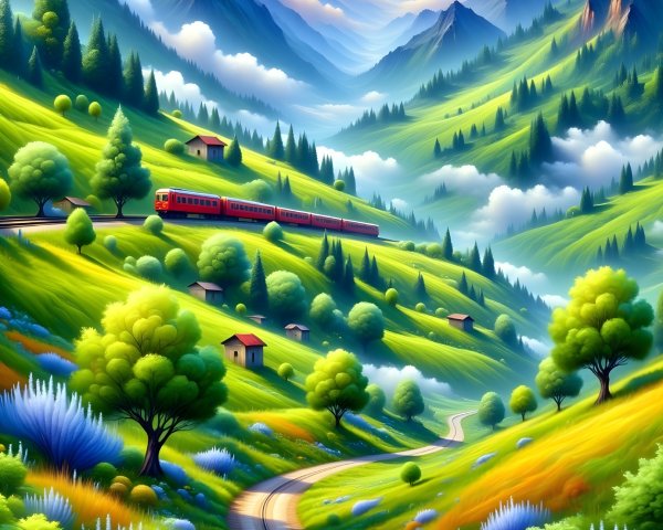 Vibrant Landscape with Rolling Hills and Colorful Clouds