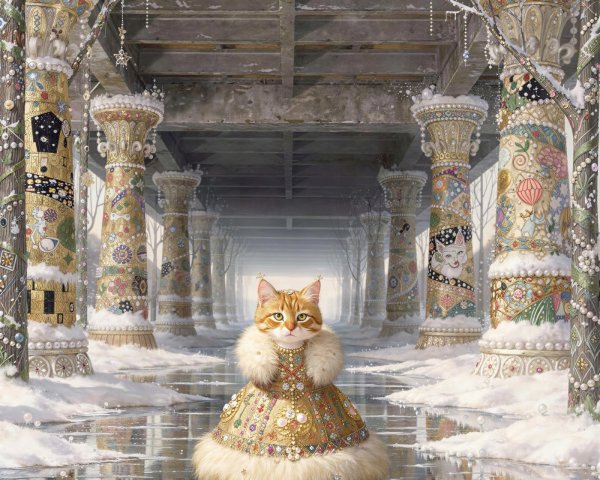 Detailed Painting of an Orange Cat on a Frozen Lake