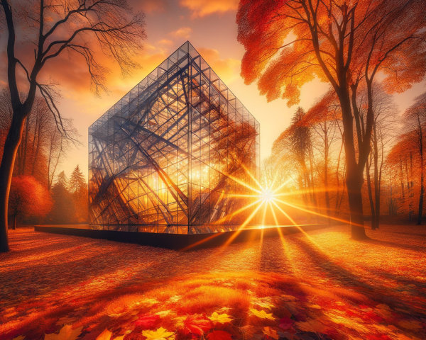 Modern Glass Structure in Autumn Grove at Sunset