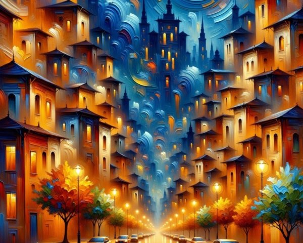 Vibrant Cityscape Under a Dreamlike Night Sky