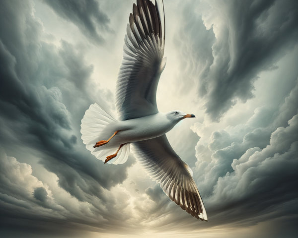 Seagull in Flight Against Dramatic Stormy Sky
