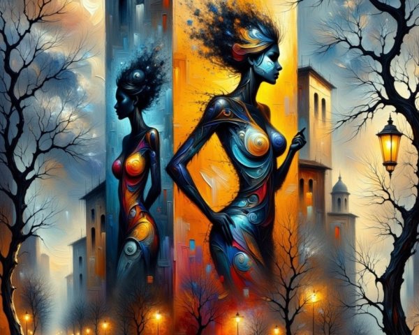 Stylized Female Figures in Vibrant Cityscape Art