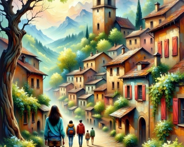 Vibrant Village Street with Colorful Houses and Nature