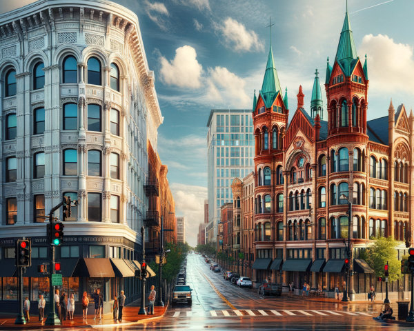 Vibrant Urban Street with Historic and Modern Architecture