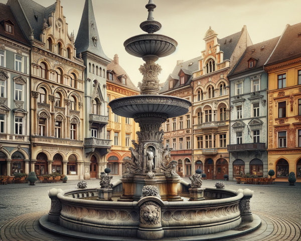 Ornate Fountain Surrounded by Historic Buildings