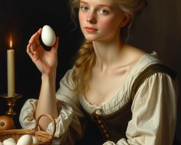 Young woman with egg in vintage setting and candlelight