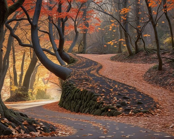 Winding Pathway Through a Serene Autumn Forest