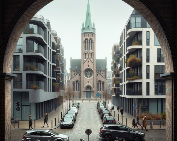 Modern Urban Scene with Archway and Cobblestone Street