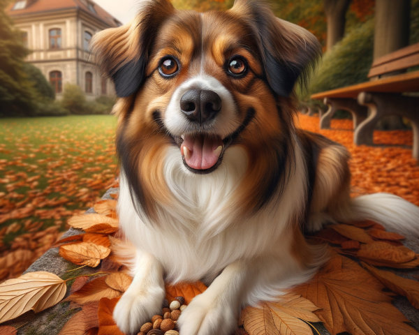 Cheerful Dog Surrounded by Autumn Foliage and Home