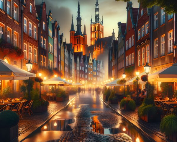 Historic Street Scene with Colorful Buildings and Castle