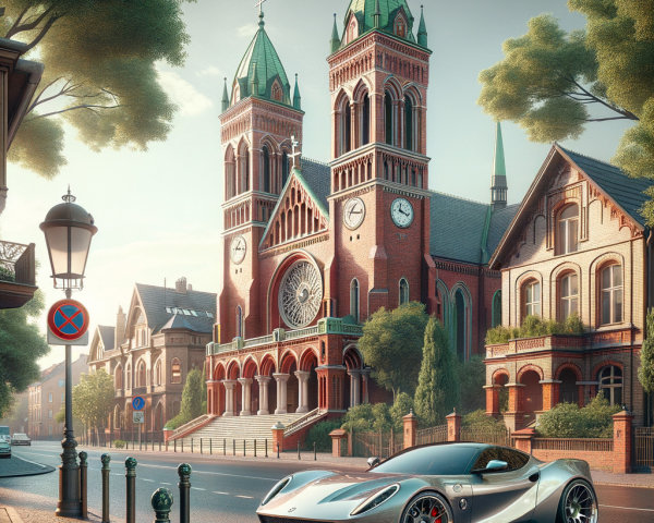 Silver Sports Car in Front of Historical Building